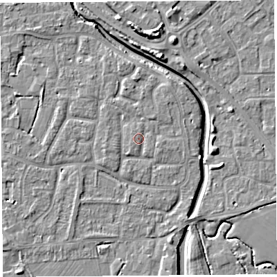 Shaded relief map of the ground around BS206YG, computed from Environment Agency LiDAR. The ground here sits at about 7 m above sea level and falls 8 m across the surrounding 800 m. Surface water reaching this point runs off ground lying to the west-south-west, 1.3 m higher.
