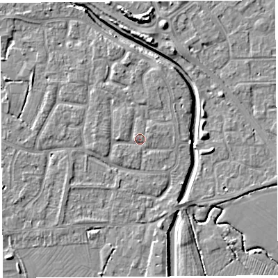 Shaded relief map of the ground around BS206YH, computed from Environment Agency LiDAR. The ground here sits at about 7 m above sea level and falls 8 m across the surrounding 800 m. Surface water reaching this point runs off ground lying to the west, 1.5 m higher.