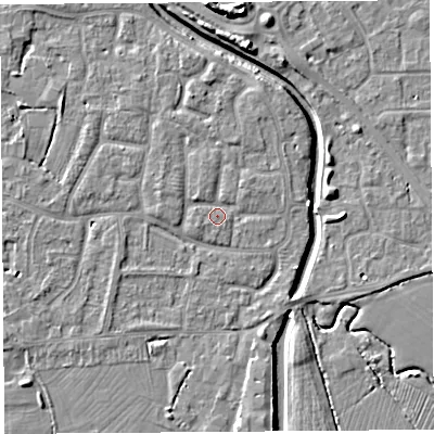 Shaded relief map of the ground around BS206YJ, computed from Environment Agency LiDAR. The ground here sits at about 7 m above sea level and falls 8 m across the surrounding 800 m. Surface water reaching this point runs off ground lying to the west-south-west, 1.1 m higher.