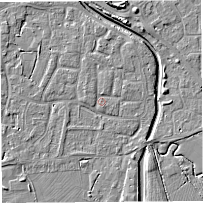 Shaded relief map of the ground around BS206YL, computed from Environment Agency LiDAR. The ground here sits at about 7 m above sea level and falls 8 m across the surrounding 800 m. Surface water reaching this point runs off ground lying to the north-west, 1.3 m higher.