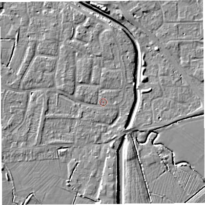 Shaded relief map of the ground around BS206YN, computed from Environment Agency LiDAR. The ground here sits at about 7 m above sea level and falls 7 m across the surrounding 800 m. Surface water reaching this point runs off ground lying to the west-north-west, 2.3 m higher.