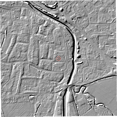 Shaded relief map of the ground around BS206YP, computed from Environment Agency LiDAR. The ground here sits at about 7 m above sea level and falls 8 m across the surrounding 800 m. Surface water reaching this point runs off ground lying to the north-north-east, 0.9 m higher.