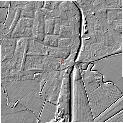 Shaded relief map of the ground around BS206YQ, computed from Environment Agency LiDAR. The ground here sits at about 6 m above sea level and falls 9 m across the surrounding 800 m. Surface water reaching this point runs off ground lying to the south-south-east, 2.2 m higher.