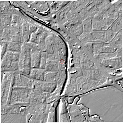 Shaded relief map of the ground around BS206YR, computed from Environment Agency LiDAR. The ground here sits at about 7 m above sea level and falls 8 m across the surrounding 800 m. Surface water reaching this point runs off ground lying to the west-north-west, 0.8 m higher.