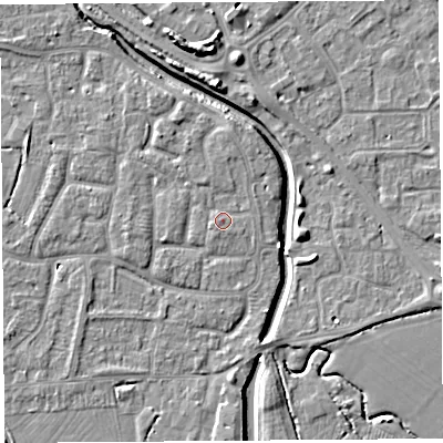 Shaded relief map of the ground around BS206YS, computed from Environment Agency LiDAR. The ground here sits at about 7 m above sea level and falls 8 m across the surrounding 800 m. Surface water reaching this point runs off ground lying to the north-north-west, 0.8 m higher.
