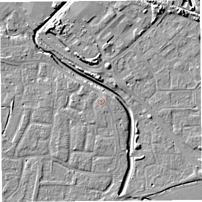 Shaded relief map of the ground around BS206YT, computed from Environment Agency LiDAR. The ground here sits at about 7 m above sea level and falls 8 m across the surrounding 800 m. Surface water reaching this point runs off ground lying to the west-south-west, 1.0 m higher.