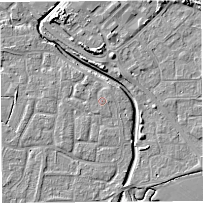 Shaded relief map of the ground around BS206YU, computed from Environment Agency LiDAR. The ground here sits at about 7 m above sea level and falls 8 m across the surrounding 800 m. Surface water reaching this point runs off ground lying to the west-north-west, 0.6 m higher.