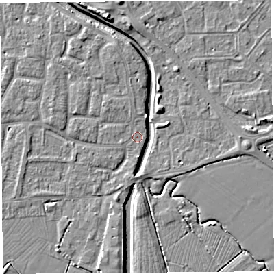 Shaded relief map of the ground around BS206YW, computed from Environment Agency LiDAR. The ground here sits at about 6 m above sea level and falls 7 m across the surrounding 800 m. Surface water reaching this point runs off ground lying to the south-south-west, 2.3 m higher.