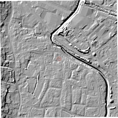 Shaded relief map of the ground around BS206YX, computed from Environment Agency LiDAR. The ground here sits at about 7 m above sea level and falls 10 m across the surrounding 800 m. Surface water reaching this point runs off ground lying to the south-east, 1.8 m higher.