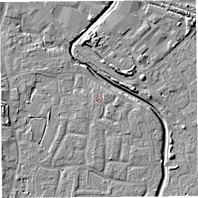 Shaded relief map of the ground around BS206YY, computed from Environment Agency LiDAR. The ground here sits at about 7 m above sea level and falls 8 m across the surrounding 800 m. Surface water reaching this point runs off ground lying to the south-south-east, 0.7 m higher.