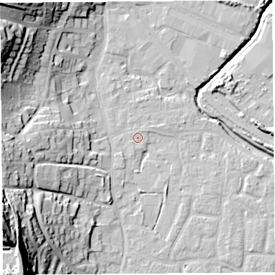 Shaded relief map of the ground around BS206ZE, computed from Environment Agency LiDAR. The ground here sits at about 7 m above sea level and falls 49 m across the surrounding 800 m. Surface water reaching this point runs off ground lying to the south-south-west, 0.5 m higher.