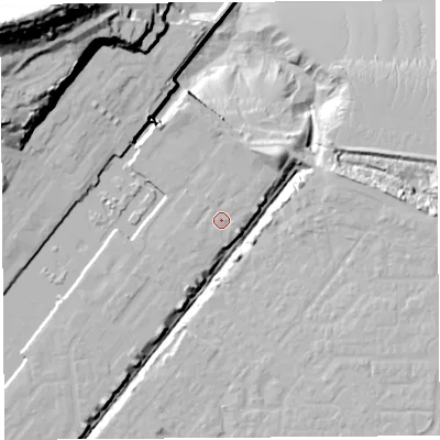Shaded relief map of the ground around BS207AA, computed from Environment Agency LiDAR. The ground here sits at about 9 m above sea level and falls 64 m across the surrounding 800 m. Surface water reaching this point runs off ground lying to the west-south-west, 0.9 m higher.