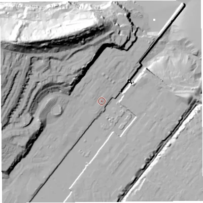 Shaded relief map of the ground around BS207AE, computed from Environment Agency LiDAR. The ground here sits at about 9 m above sea level and falls 67 m across the surrounding 800 m. Surface water reaching this point runs off ground lying to the south-south-west, 3.0 m higher.