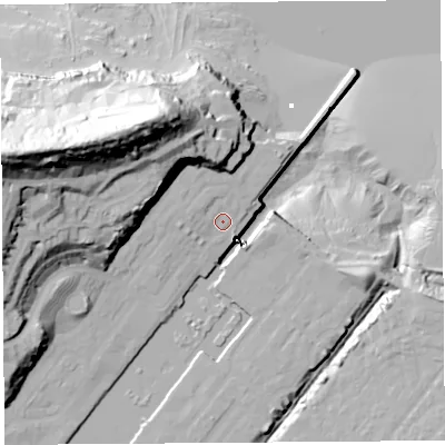 Shaded relief map of the ground around BS207AF, computed from Environment Agency LiDAR. The ground here sits at about 10 m above sea level and falls 66 m across the surrounding 800 m. Surface water reaching this point runs off ground lying to the north-west, 47.2 m higher.
