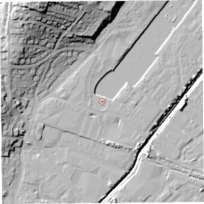 Shaded relief map of the ground around BS207AJ, computed from Environment Agency LiDAR. The ground here sits at about 9 m above sea level and falls 43 m across the surrounding 800 m. Surface water reaching this point runs off ground lying to the west-south-west, 3.1 m higher.