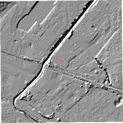 Shaded relief map of the ground around BS207AN, computed from Environment Agency LiDAR. The ground here sits at about 8 m above sea level and falls 11 m across the surrounding 800 m. Surface water reaching this point runs off ground lying to the west-north-west, 0.7 m higher.