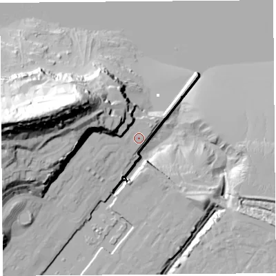 Shaded relief map of the ground around BS207AQ, computed from Environment Agency LiDAR. The ground here sits at about 10 m above sea level and falls 66 m across the surrounding 800 m. Surface water reaching this point runs off ground lying to the west-north-west, 21.5 m higher.