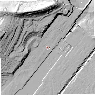Shaded relief map of the ground around BS207AS, computed from Environment Agency LiDAR. The ground here sits at about 9 m above sea level and falls 67 m across the surrounding 800 m. Surface water reaching this point runs off ground lying to the west, 12.0 m higher.