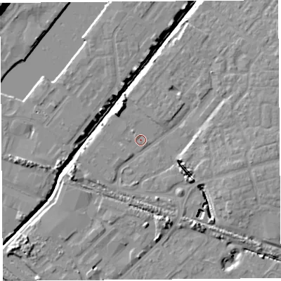 Shaded relief map of the ground around BS207AT, computed from Environment Agency LiDAR. The ground here sits at about 7 m above sea level and falls 17 m across the surrounding 800 m. Surface water reaching this point runs off ground lying to the north-west, 7.5 m higher.