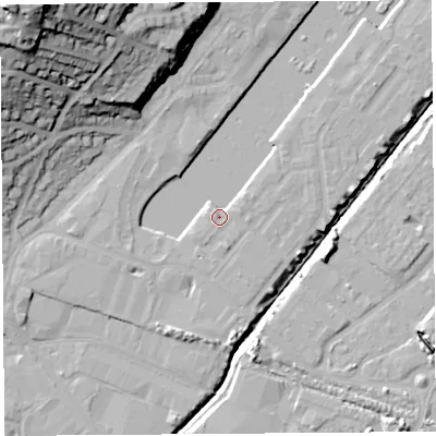 Shaded relief map of the ground around BS207AW, computed from Environment Agency LiDAR. The ground here sits at about 9 m above sea level and falls 49 m across the surrounding 800 m. Surface water reaching this point runs off ground lying to the east-north-east, 2.9 m higher.