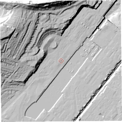 Shaded relief map of the ground around BS207AX, computed from Environment Agency LiDAR. The ground here sits at about 10 m above sea level and falls 66 m across the surrounding 800 m. Surface water reaching this point runs off ground lying to the north-west, 0.8 m higher.