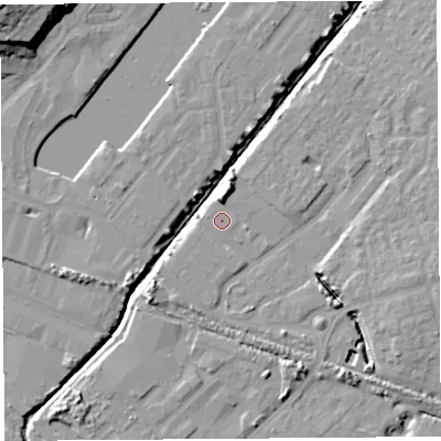 Shaded relief map of the ground around BS207AY, computed from Environment Agency LiDAR. The ground here sits at about 7 m above sea level and falls 24 m across the surrounding 800 m. Surface water reaching this point runs off ground lying to the north, 7.5 m higher.
