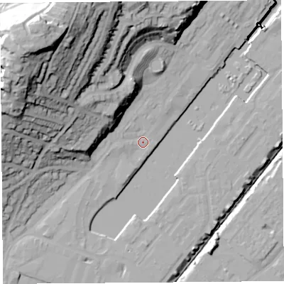 Shaded relief map of the ground around BS207BA, computed from Environment Agency LiDAR. The ground here sits at about 9 m above sea level and falls 65 m across the surrounding 800 m. Surface water reaching this point runs off ground lying to the west-north-west, 20.6 m higher.
