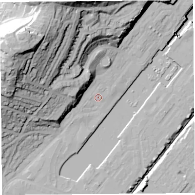 Shaded relief map of the ground around BS207BB, computed from Environment Agency LiDAR. The ground here sits at about 10 m above sea level and falls 65 m across the surrounding 800 m. Surface water reaching this point runs off ground lying to the west-north-west, 17.1 m higher.