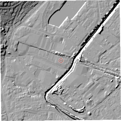 Shaded relief map of the ground around BS207BF, computed from Environment Agency LiDAR. The ground here sits at about 8 m above sea level and falls 23 m across the surrounding 800 m. Surface water reaching this point runs off ground lying to the north, 2.4 m higher.