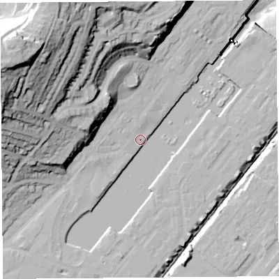 Shaded relief map of the ground around BS207BJ, computed from Environment Agency LiDAR. The ground here sits at about 9 m above sea level and falls 66 m across the surrounding 800 m. Surface water reaching this point runs off ground lying to the west-north-west, 23.3 m higher.