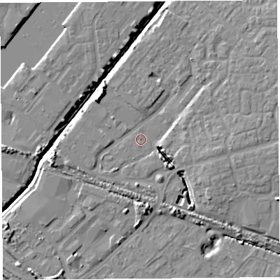 Shaded relief map of the ground around BS207BL, computed from Environment Agency LiDAR. The ground here sits at about 7 m above sea level and falls 9 m across the surrounding 800 m. Surface water reaching this point runs off ground lying to the south-east, 7.4 m higher.