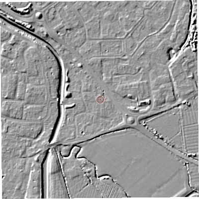 Shaded relief map of the ground around BS207BN, computed from Environment Agency LiDAR. The ground here sits at about 7 m above sea level and falls 8 m across the surrounding 800 m. Surface water reaching this point runs off ground lying to the south-east, 1.5 m higher.