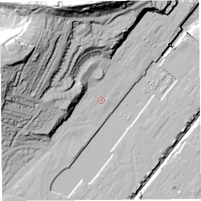 Shaded relief map of the ground around BS207BP, computed from Environment Agency LiDAR. The ground here sits at about 10 m above sea level and falls 66 m across the surrounding 800 m. Surface water reaching this point runs off ground lying to the north-north-west, 1.4 m higher.
