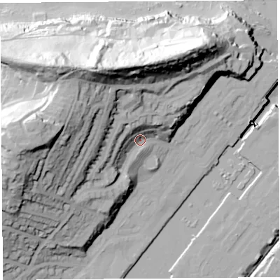 Shaded relief map of the ground around BS207BQ, computed from Environment Agency LiDAR. The ground here sits at about 17 m above sea level and falls 67 m across the surrounding 800 m. Surface water reaching this point runs off ground lying to the west, 45.7 m higher.