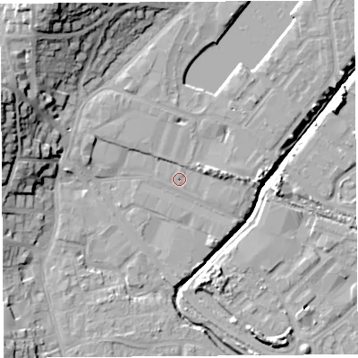 Shaded relief map of the ground around BS207BX, computed from Environment Agency LiDAR. The ground here sits at about 8 m above sea level and falls 25 m across the surrounding 800 m. Surface water reaching this point runs off ground lying to the east-north-east, 3.6 m higher.