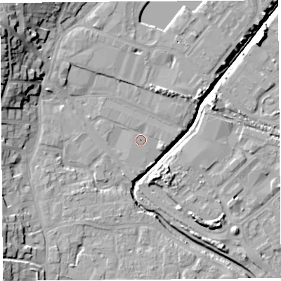 Shaded relief map of the ground around BS207BY, computed from Environment Agency LiDAR. The ground here sits at about 7 m above sea level and falls 22 m across the surrounding 800 m. Surface water reaching this point runs off ground lying to the north, 0.8 m higher.