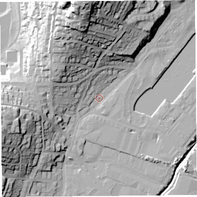 Shaded relief map of the ground around BS207DB, computed from Environment Agency LiDAR. The ground here sits at about 9 m above sea level and falls 53 m across the surrounding 800 m. Surface water reaching this point runs off ground lying to the west-south-west, 30.5 m higher.