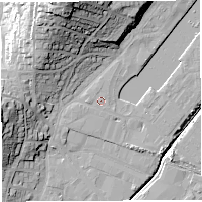 Shaded relief map of the ground around BS207DD, computed from Environment Agency LiDAR. The ground here sits at about 9 m above sea level and falls 45 m across the surrounding 800 m. The ground contributing surface water to this point lies to the north-north-west.