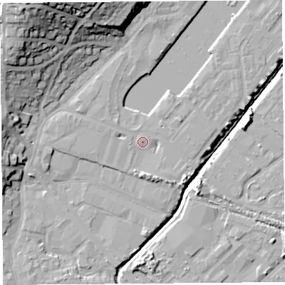 Shaded relief map of the ground around BS207DE, computed from Environment Agency LiDAR. The ground here sits at about 9 m above sea level and falls 33 m across the surrounding 800 m. Surface water reaching this point runs off ground lying to the west, 2.5 m higher.