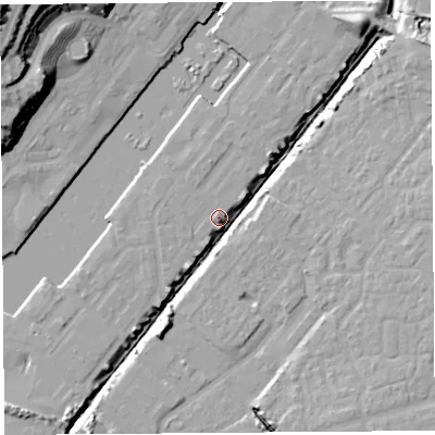Shaded relief map of the ground around BS207DF, computed from Environment Agency LiDAR. The ground here sits at about 9 m above sea level and falls 36 m across the surrounding 800 m. Surface water reaching this point runs off ground lying to the south-south-west, 8.1 m higher.