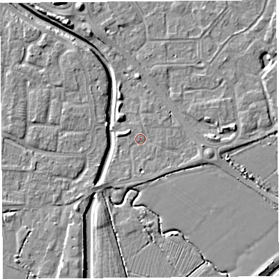 Shaded relief map of the ground around BS207DH, computed from Environment Agency LiDAR. The ground here sits at about 7 m above sea level and falls 7 m across the surrounding 800 m. Surface water reaching this point runs off ground lying to the east-south-east, 1.5 m higher.