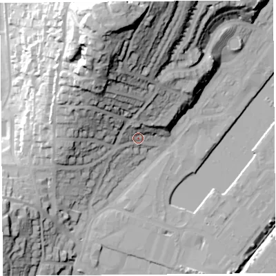 Shaded relief map of the ground around BS207DL, computed from Environment Agency LiDAR. The ground here sits at about 14 m above sea level and falls 58 m across the surrounding 800 m. Surface water reaching this point runs off ground lying to the north-north-west, 24.4 m higher.