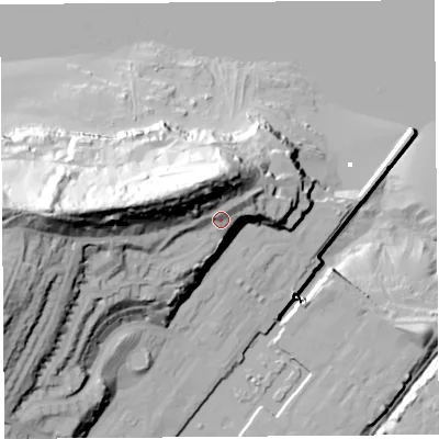 Shaded relief map of the ground around BS207EA, computed from Environment Agency LiDAR. The ground here sits at about 31 m above sea level and falls 67 m across the surrounding 800 m. Surface water reaching this point runs off ground lying to the north-west, 27.4 m higher.