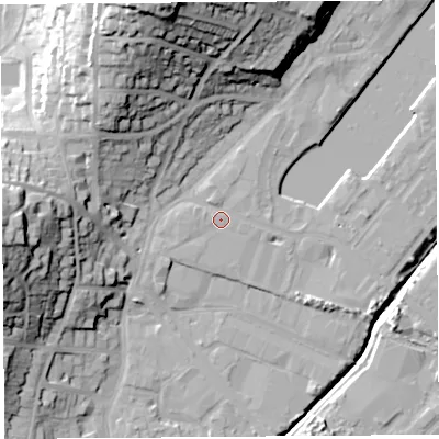 Shaded relief map of the ground around BS207EL, computed from Environment Agency LiDAR. The ground here sits at about 9 m above sea level and falls 41 m across the surrounding 800 m. Surface water reaching this point runs off ground lying to the south-west, 1.0 m higher.