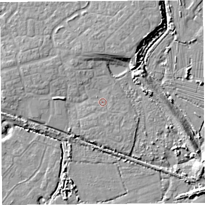 Shaded relief map of the ground around BS207FB, computed from Environment Agency LiDAR. The ground here sits at about 8 m above sea level and falls 10 m across the surrounding 800 m. Surface water reaching this point runs off ground lying to the west, 3.3 m higher.