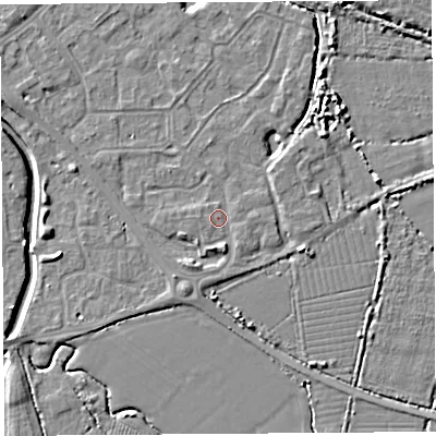 Shaded relief map of the ground around BS207FF, computed from Environment Agency LiDAR. The ground here sits at about 7 m above sea level and falls 7 m across the surrounding 800 m. Surface water reaching this point runs off ground lying to the south-south-east, 1.8 m higher.