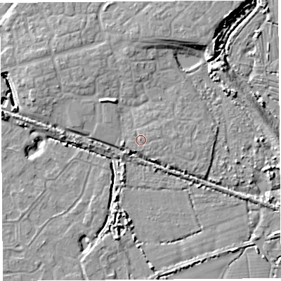 Shaded relief map of the ground around BS207FH, computed from Environment Agency LiDAR. The ground here sits at about 9 m above sea level and falls 10 m across the surrounding 800 m. Surface water reaching this point runs off ground lying to the north-east, 0.8 m higher.