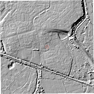 Shaded relief map of the ground around BS207FJ, computed from Environment Agency LiDAR. The ground here sits at about 8 m above sea level and falls 10 m across the surrounding 800 m. Surface water reaching this point runs off ground lying to the west, 3.3 m higher.