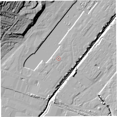 Shaded relief map of the ground around BS207FN, computed from Environment Agency LiDAR. The ground here sits at about 9 m above sea level and falls 49 m across the surrounding 800 m. The ground contributing surface water to this point lies to the north-north-east.