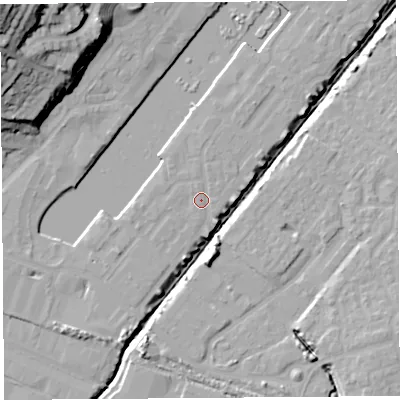 Shaded relief map of the ground around BS207FP, computed from Environment Agency LiDAR. The ground here sits at about 9 m above sea level and falls 40 m across the surrounding 800 m. Surface water reaching this point runs off ground lying to the north, 0.9 m higher.